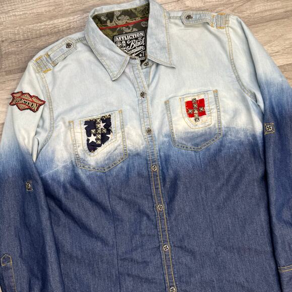 Affliction Womens Blue Ombré Button Shirt Red White Flag Studded Patriotic Large - Picture 1 of 11
